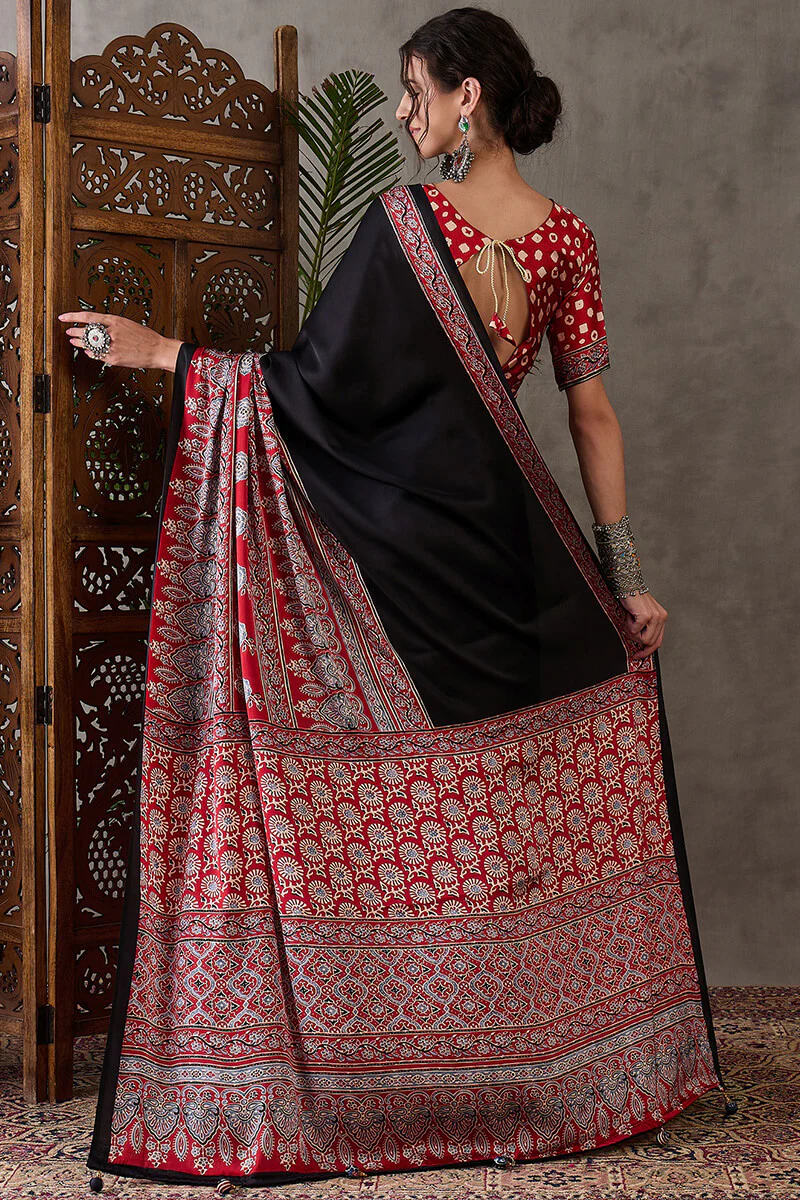 Ravishing Black Ajrakh Printed Semi Modal Silk Saree With Excellent Blouse Piece - Image 7