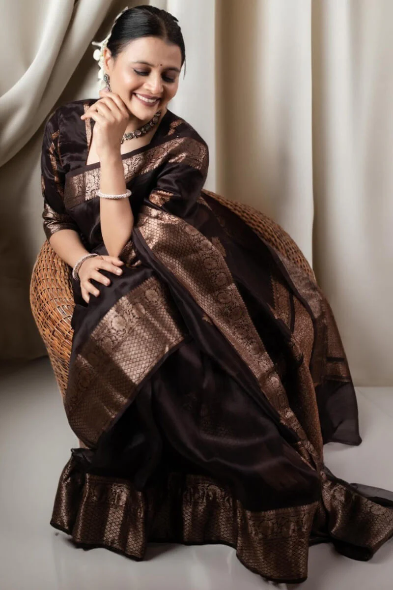 Ravishing Brown Soft Silk Saree With Designer Blouse Piece - Image 4
