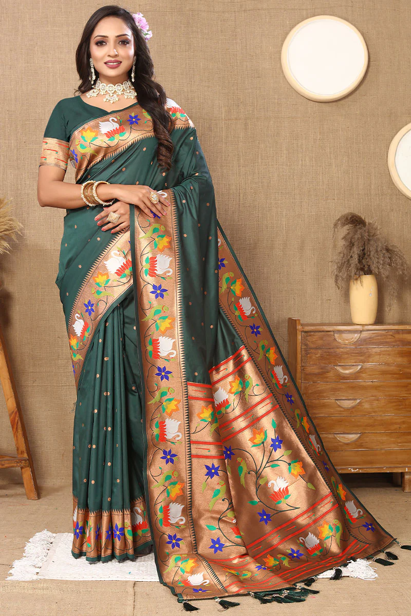 Ravishing Dark Green Paithani Silk Saree With Delightful Blouse Piece - Image 3