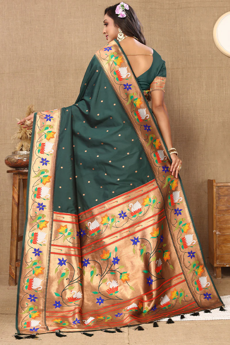 Ravishing Dark Green Paithani Silk Saree With Delightful Blouse Piece - Image 5