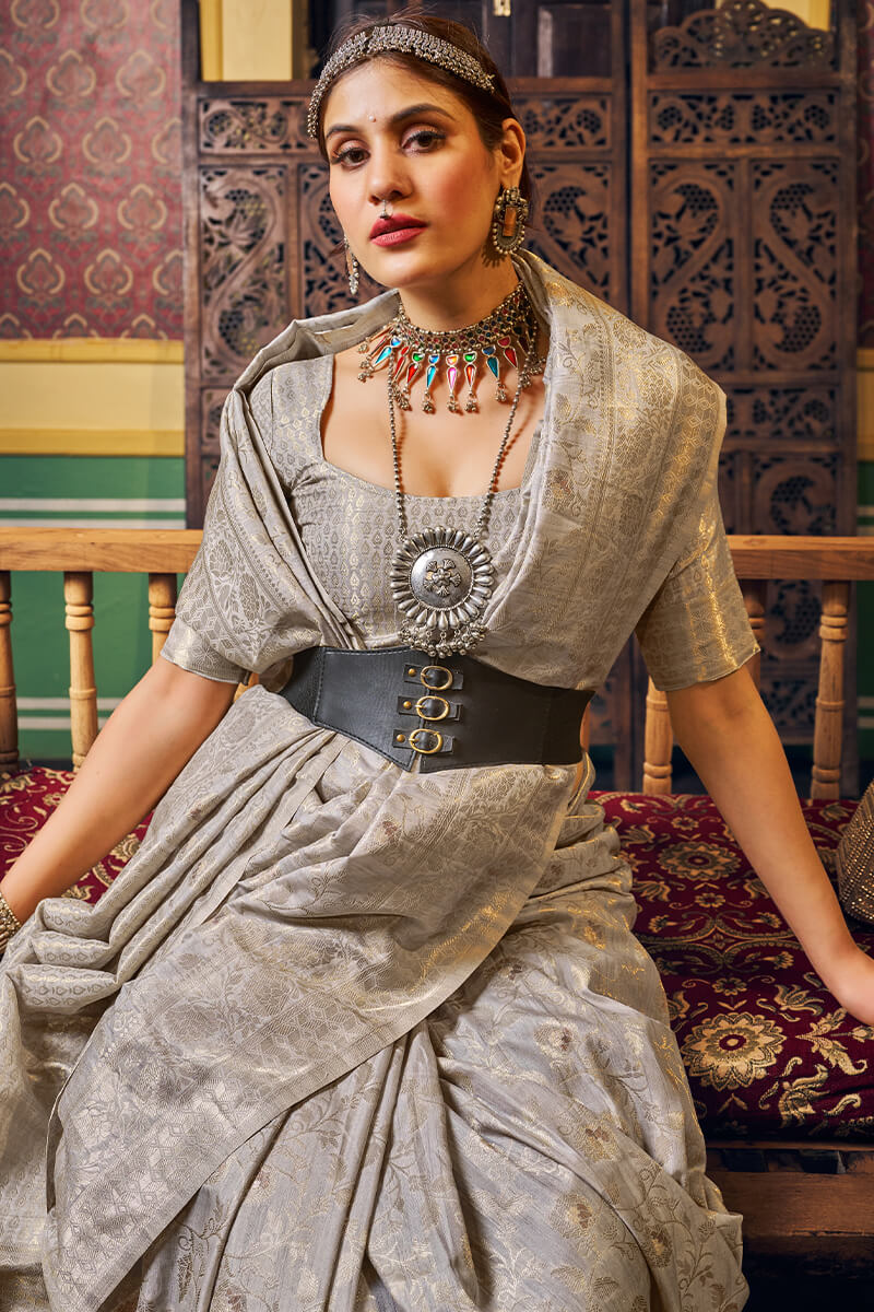 Ravishing Grey Soft Banarasi Silk Saree With Grandiose Blouse Piece - Image 2