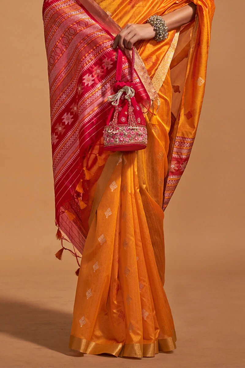 Ravishing Orange Soft Banarasi Silk Saree With Prettiest Blouse Piece - Image 3