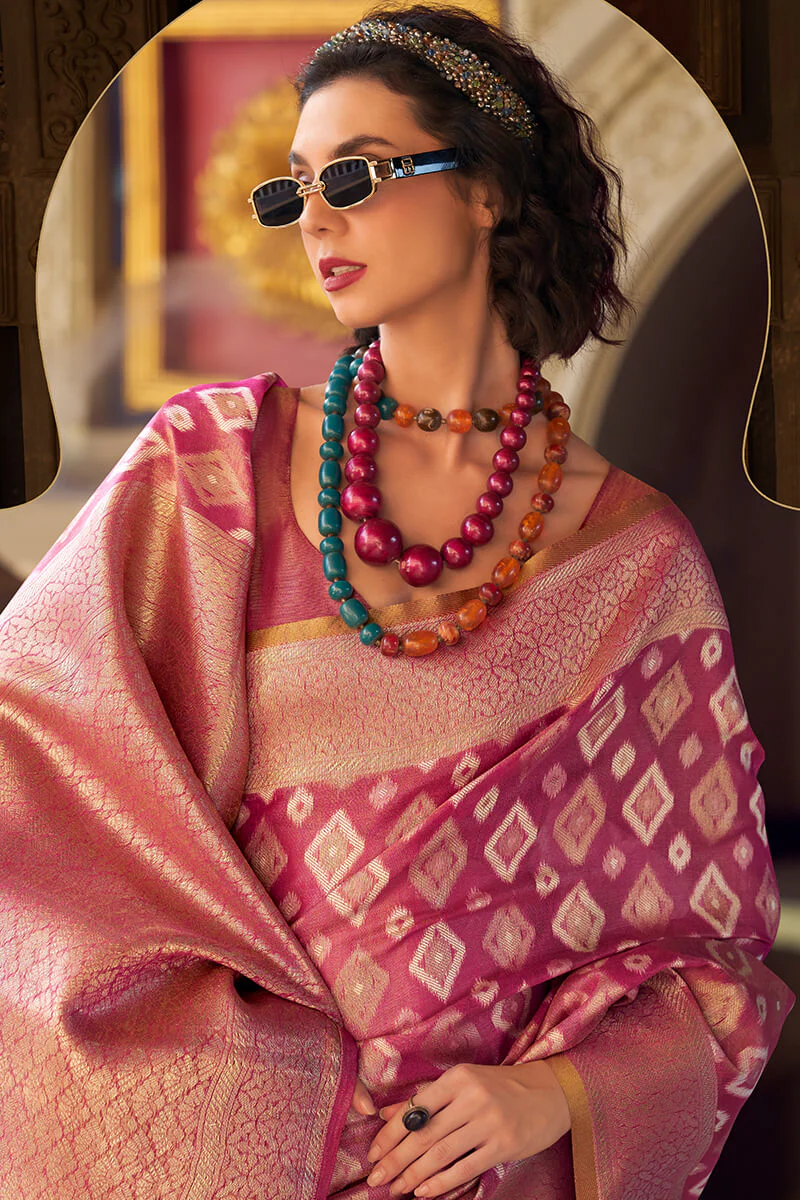 Ravishing Purple Soft Banarasi Tissue Silk Saree With Groovy Blouse Piece - Image 2
