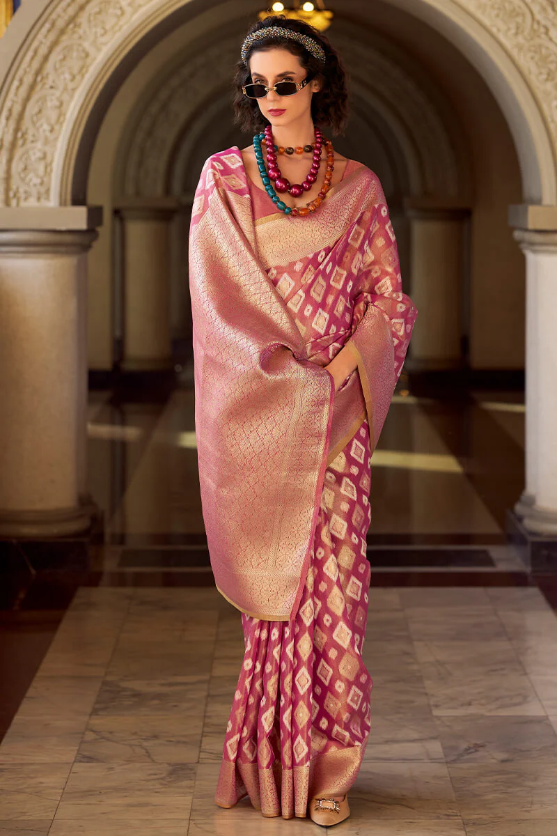 Ravishing Purple Soft Banarasi Tissue Silk Saree With Groovy Blouse Piece - Image 3