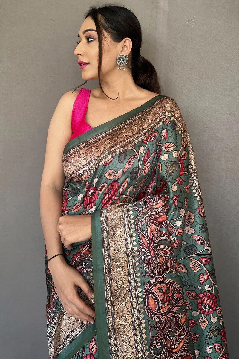 Ravishing Rama Kalamkari Printed Soft Silk Saree With Beautiful Blouse Piece - Image 2