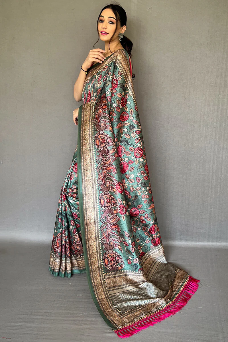 Ravishing Rama Kalamkari Printed Soft Silk Saree With Beautiful Blouse Piece - Image 3