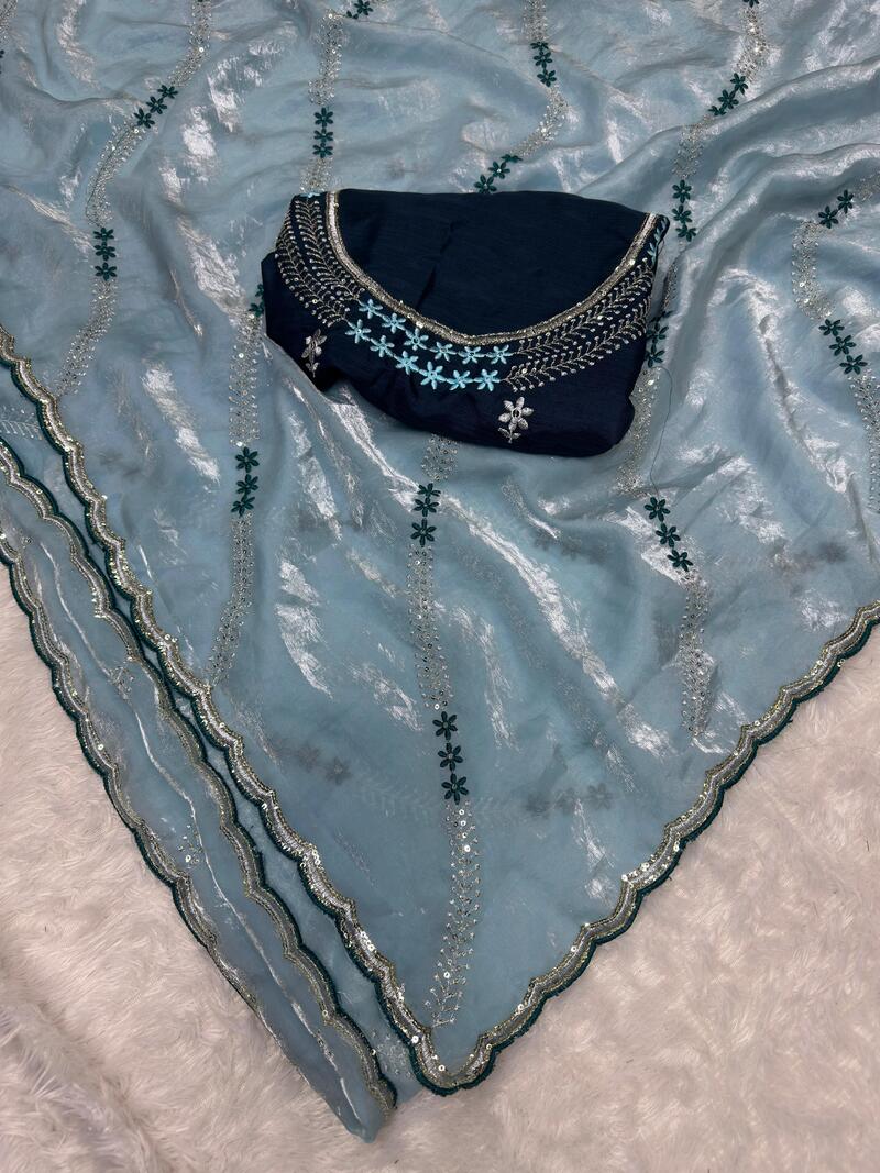 Ravishing Sky Sequence Work Fandy Silk Saree With Gorgeous Blouse Piece - Image 5