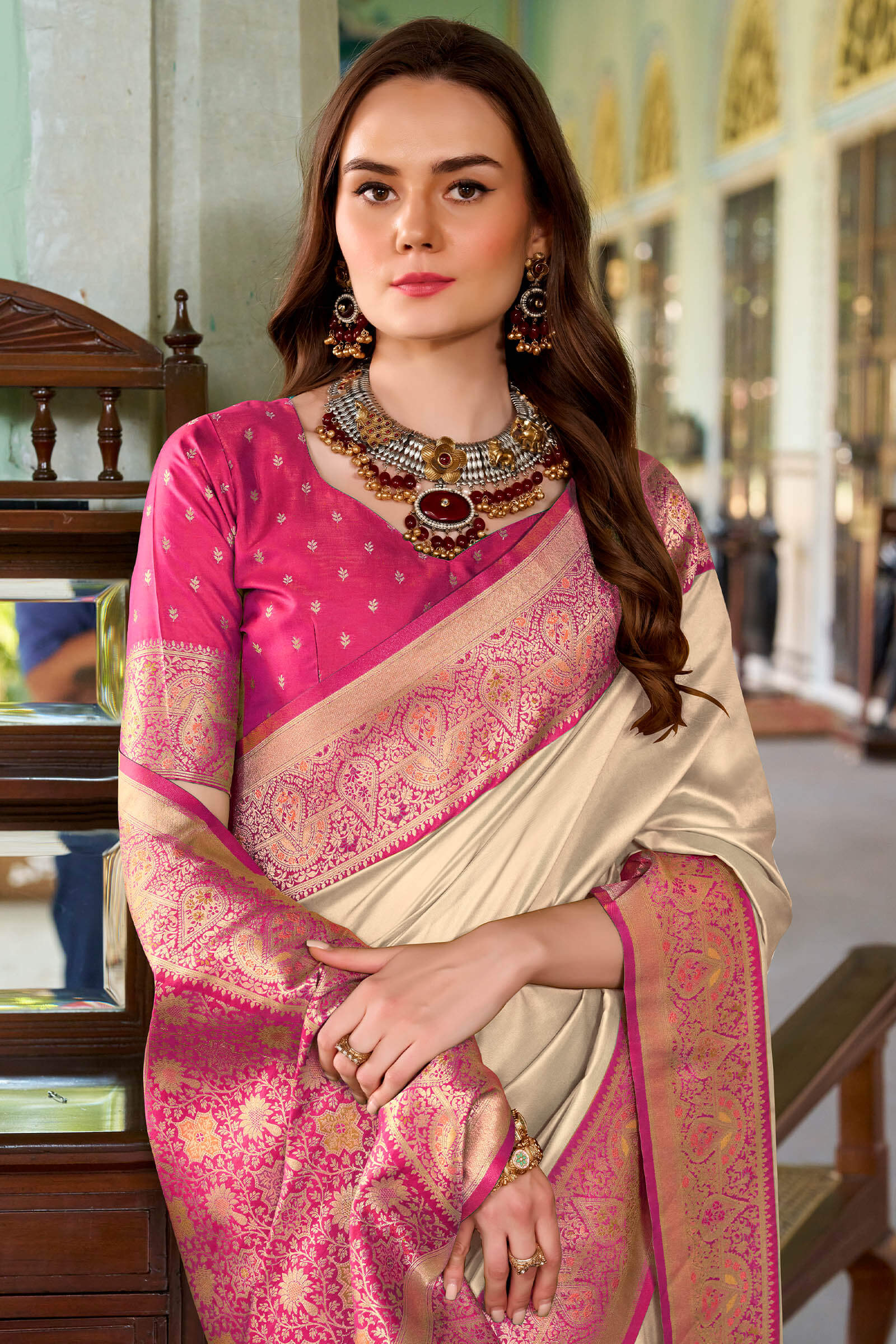 Redolent Beige Soft Banarasi Silk Saree With Ebullience Blouse Piece - Image 2