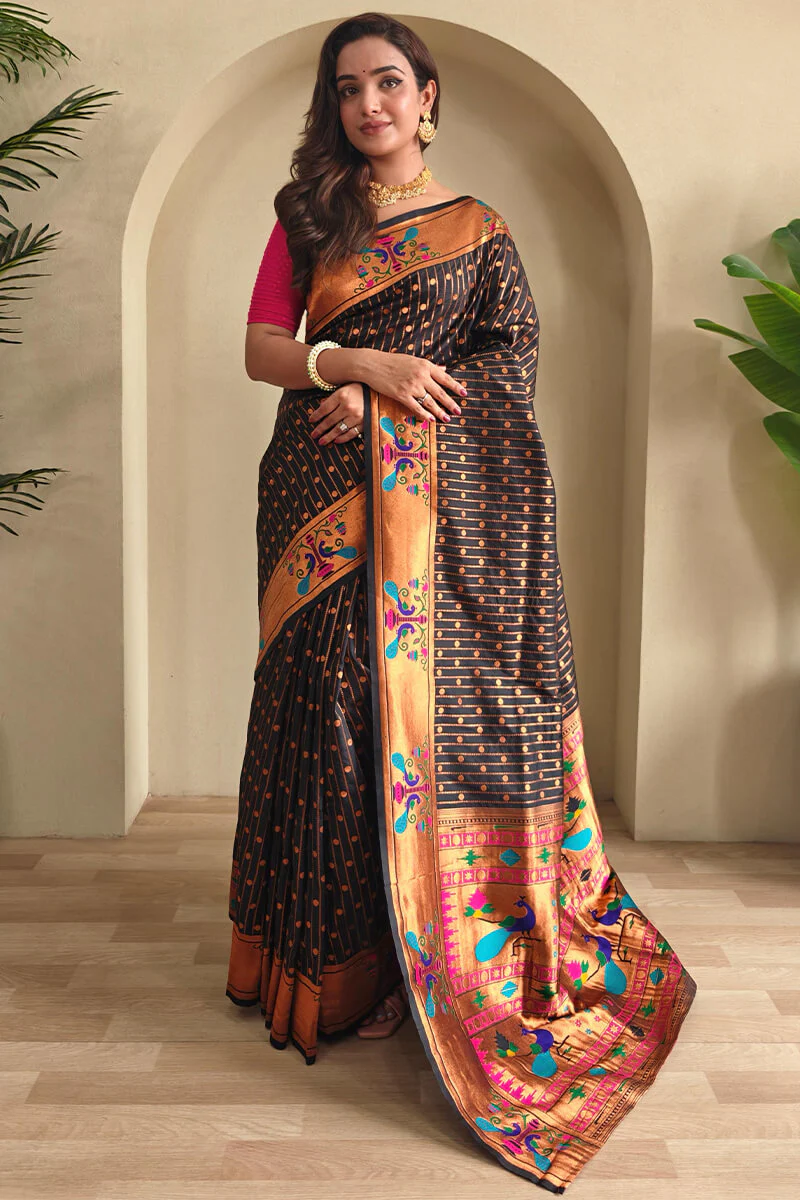 Redolent Black Paithani Silk Saree With Profuse Blouse Piece
