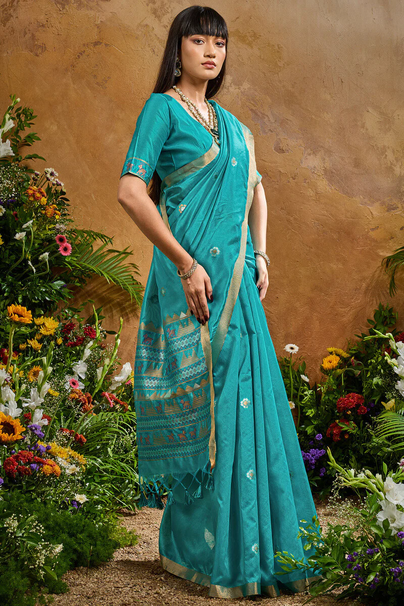 Redolent Firozi Banarasi Tussar Silk Saree With Enigmatic Blouse Piece - Image 6