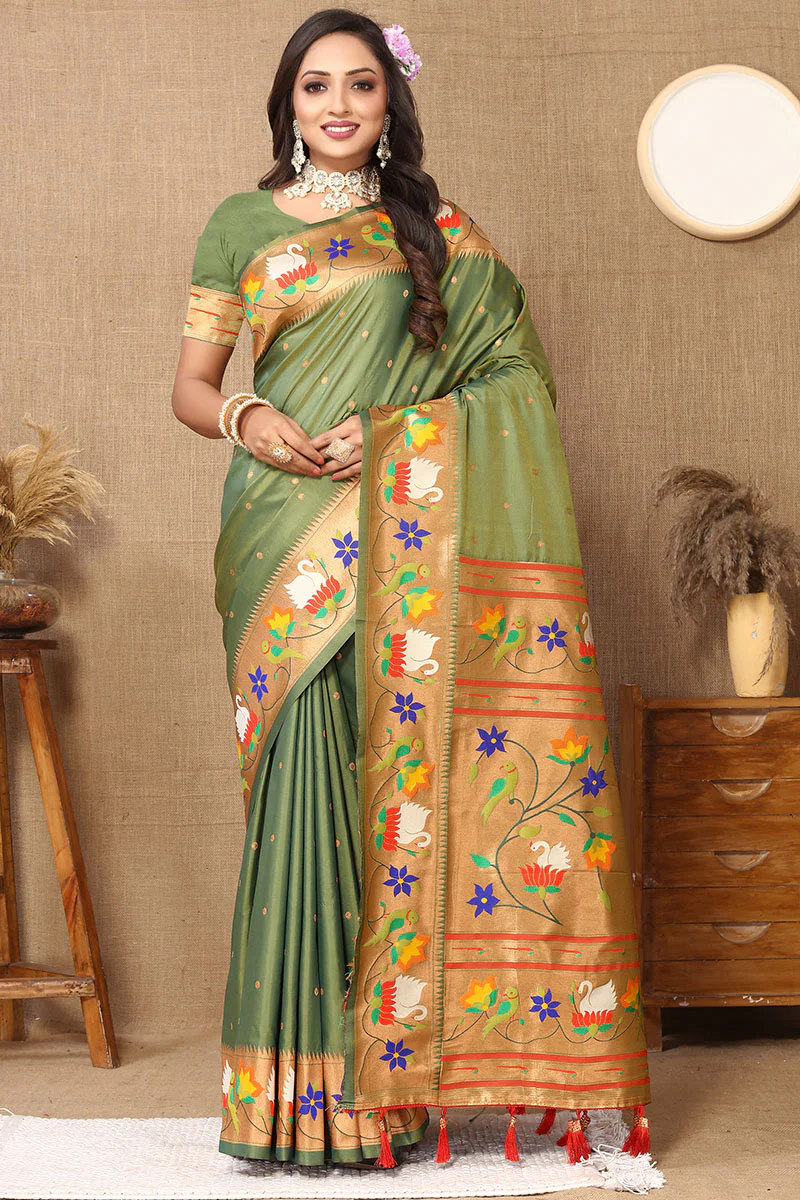 Redolent Mehndi Paithani Silk Saree With Sumptuous Blouse Piece - Image 3
