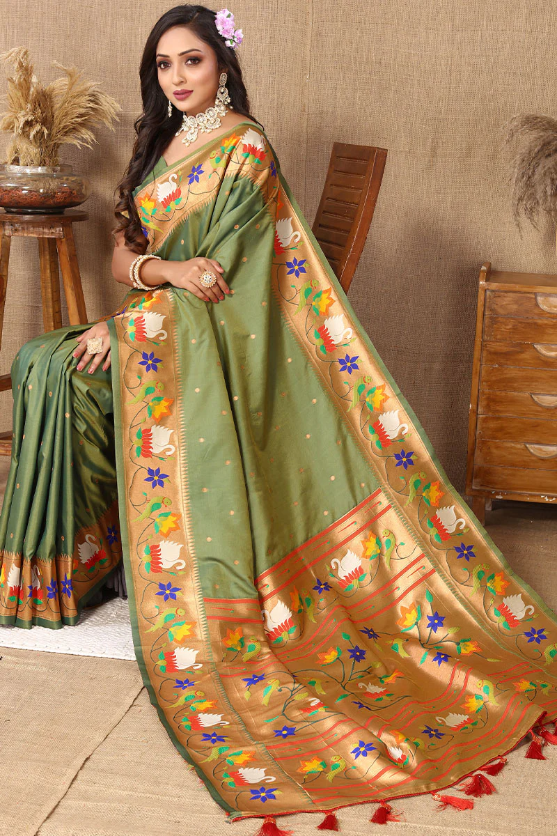 Redolent Mehndi Paithani Silk Saree With Sumptuous Blouse Piece - Image 4