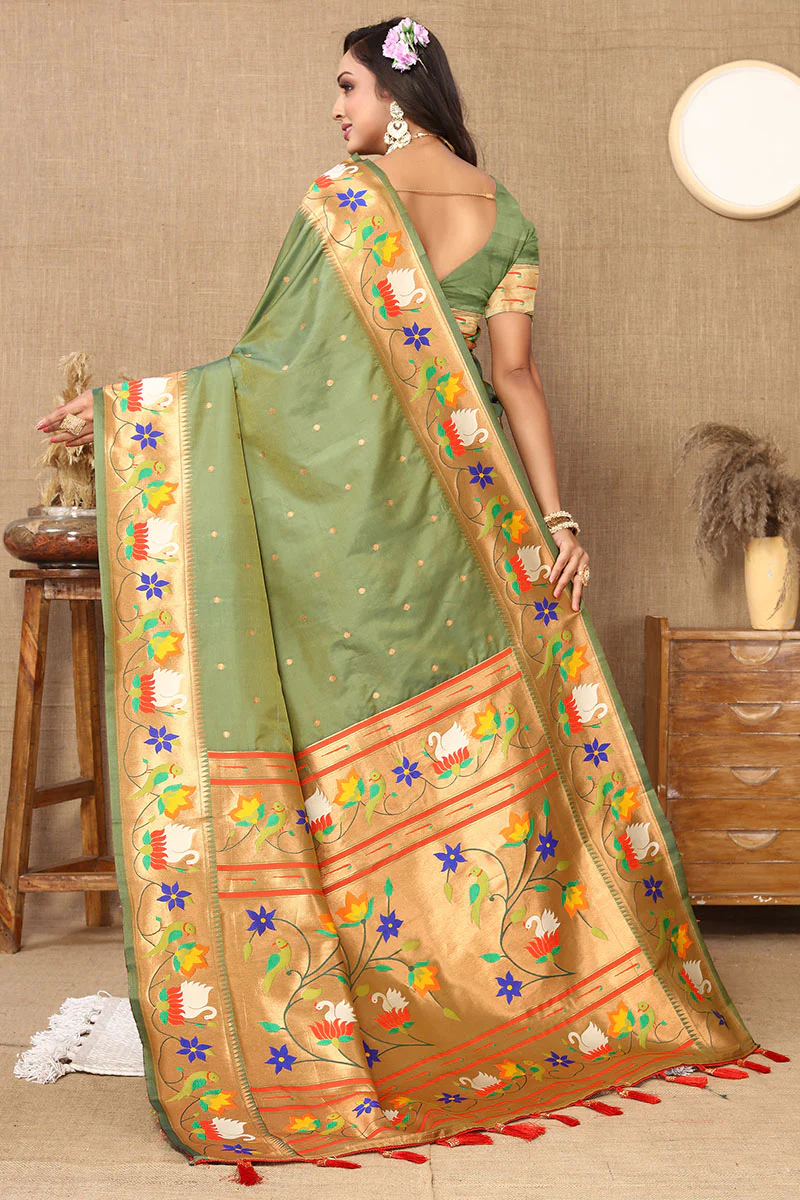 Redolent Mehndi Paithani Silk Saree With Sumptuous Blouse Piece - Image 5