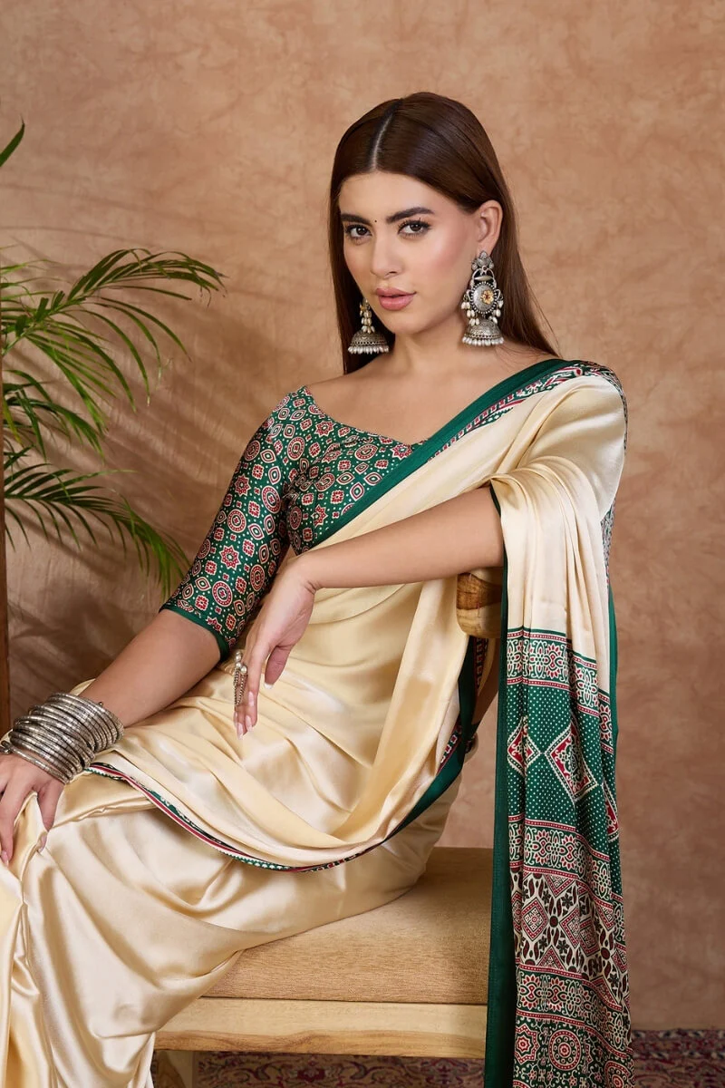 Redolent Off White Ajrakh Printed Semi Modal Silk Saree With Gleaming Blouse Piece - Image 2