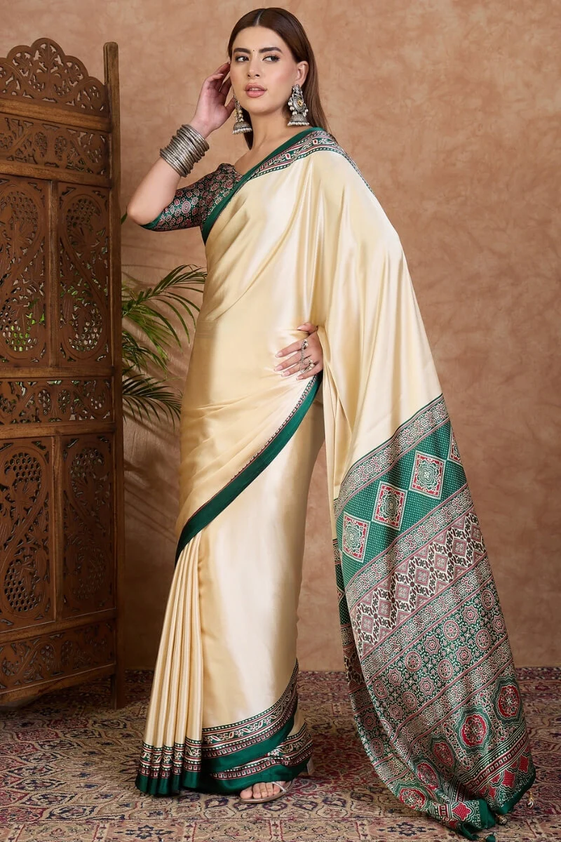 Redolent Off White Ajrakh Printed Semi Modal Silk Saree With Gleaming Blouse Piece - Image 5