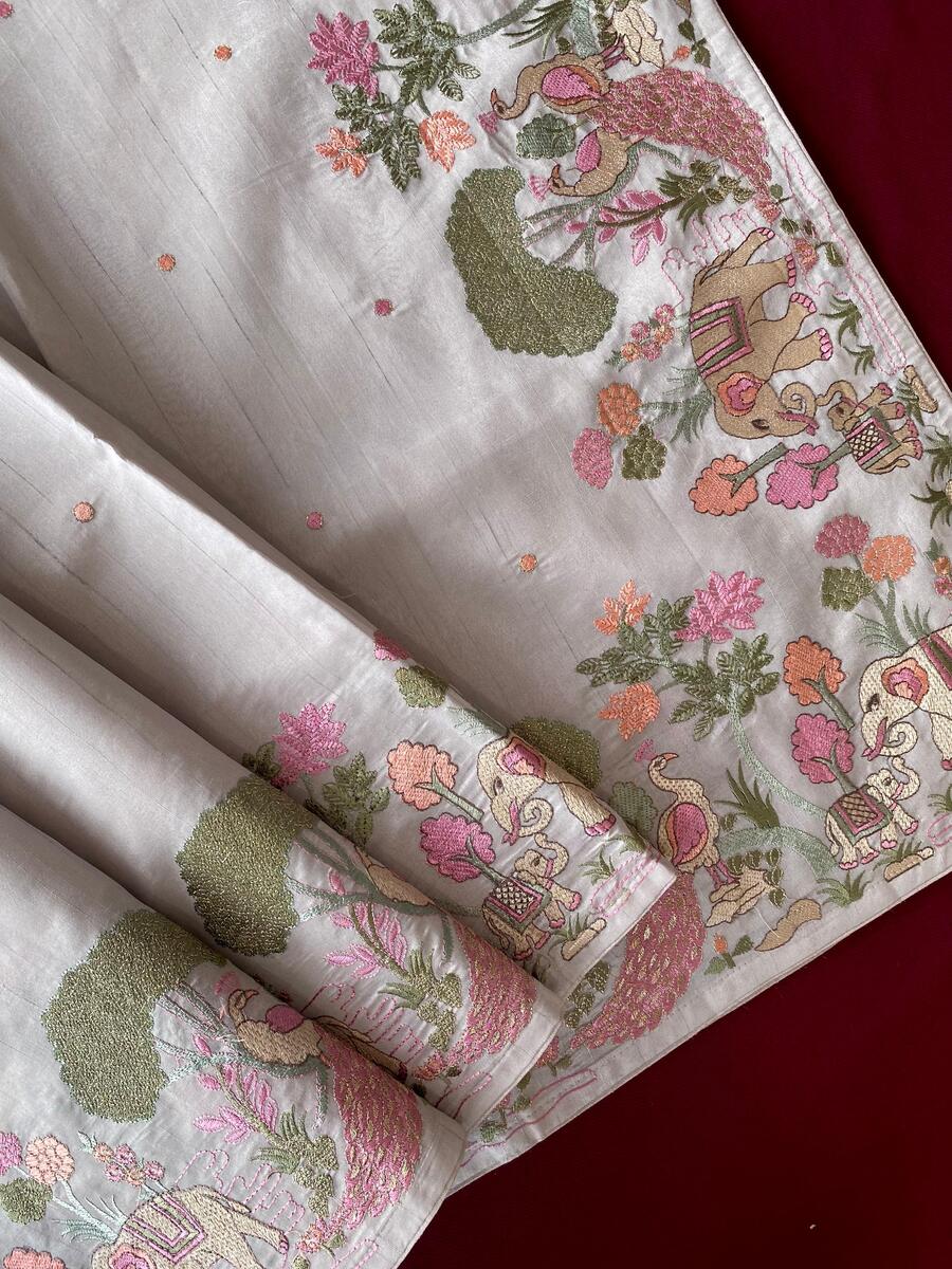 Redolent Off White Embroidery Work Tussar Silk Saree With Petrichor Blouse Piece - Image 3