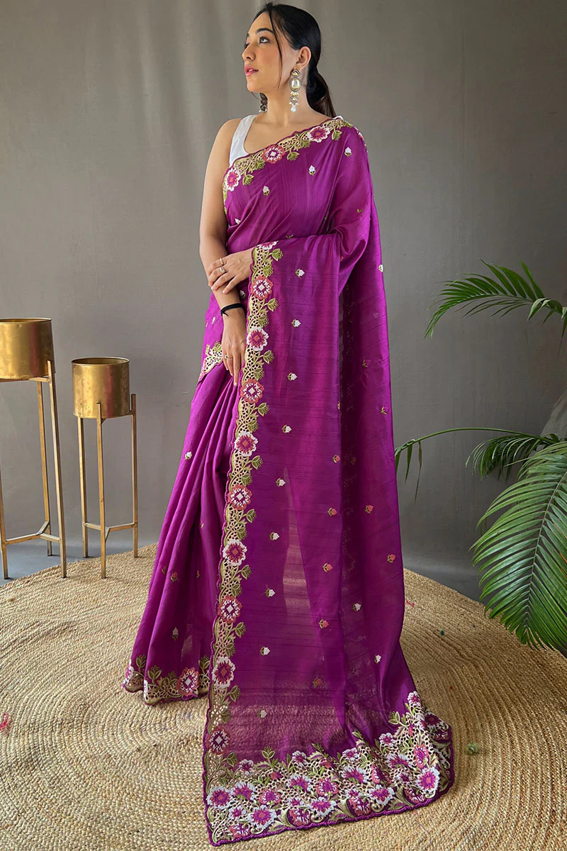 Redolent Purple Embroidery Work Tussar Silk Saree With Splendiferous Blouse Piece - Image 3