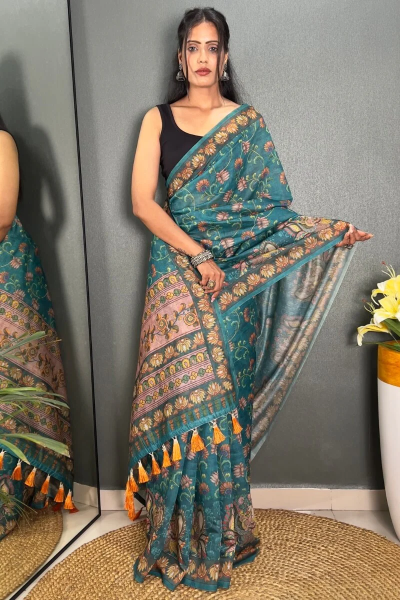 Redolent Rama Kalamkari Printed Saree With Denouement Blouse Piece - Image 2