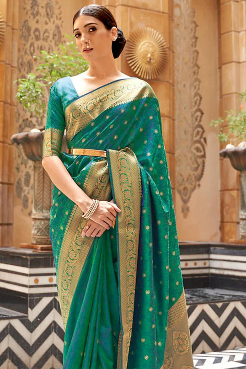 Redolent Rama Kanjivaram Silk Saree With Susurrous Blouse Piece - Image 4
