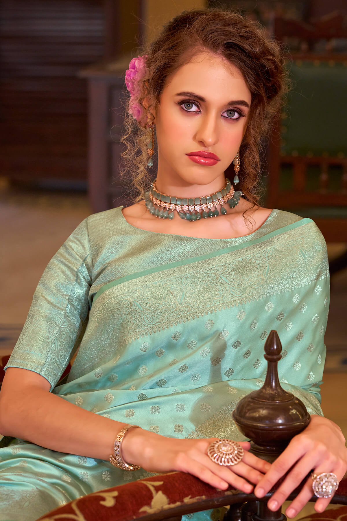Redolent Sea Green Banarasi Satin Silk Saree With Ethnic Blouse - Image 2