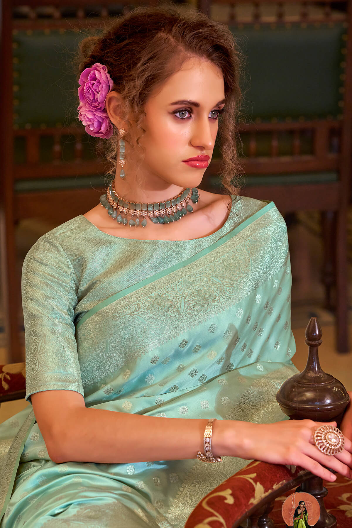 Redolent Sea Green Banarasi Satin Silk Saree With Ethnic Blouse - Image 4
