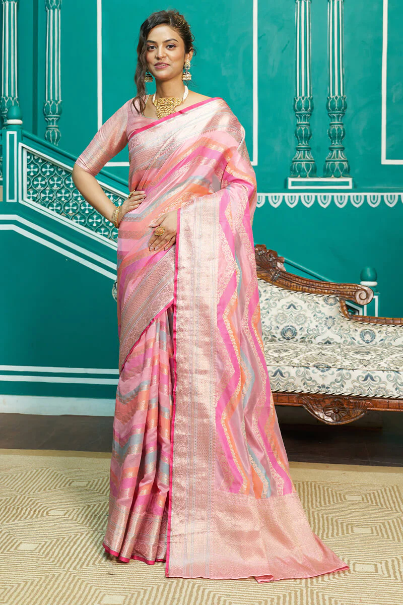 Refreshing Baby Pink Organza Silk Saree With Radiant Blouse Piece