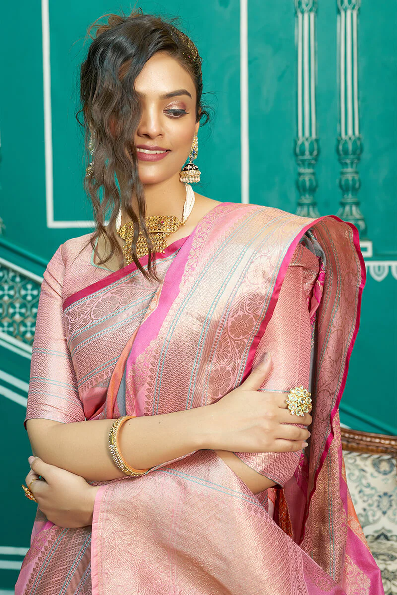 Refreshing Baby Pink Organza Silk Saree With Radiant Blouse Piece - Image 5