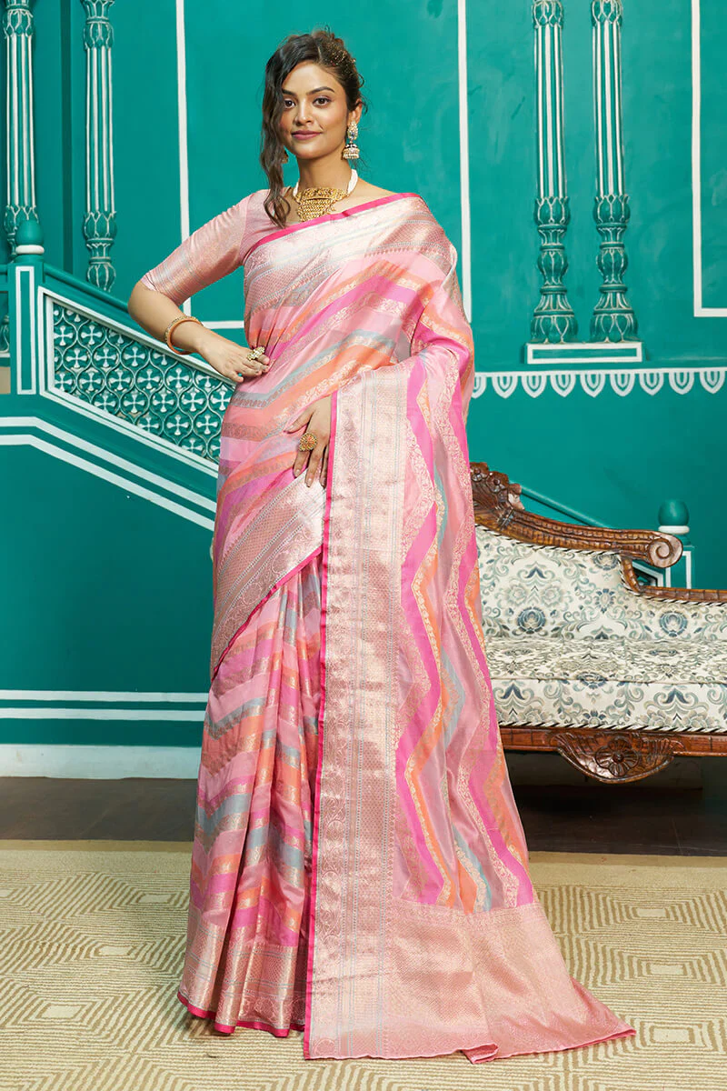 Refreshing Baby Pink Organza Silk Saree With Radiant Blouse Piece - Image 6