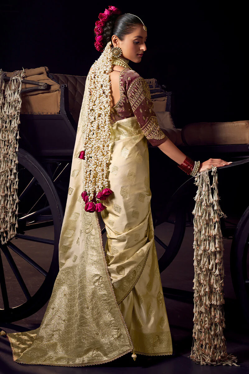 Refreshing Beige Pure Viscose Tissue Banarasi Silk Saree With Whimsical Blouse Piece - Image 3