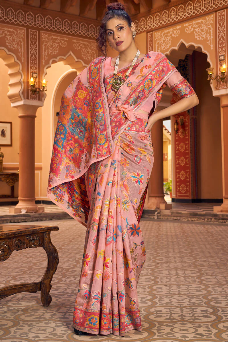 Refreshing Peach Linen Silk Saree With Groovy Blouse Piece - Image 6