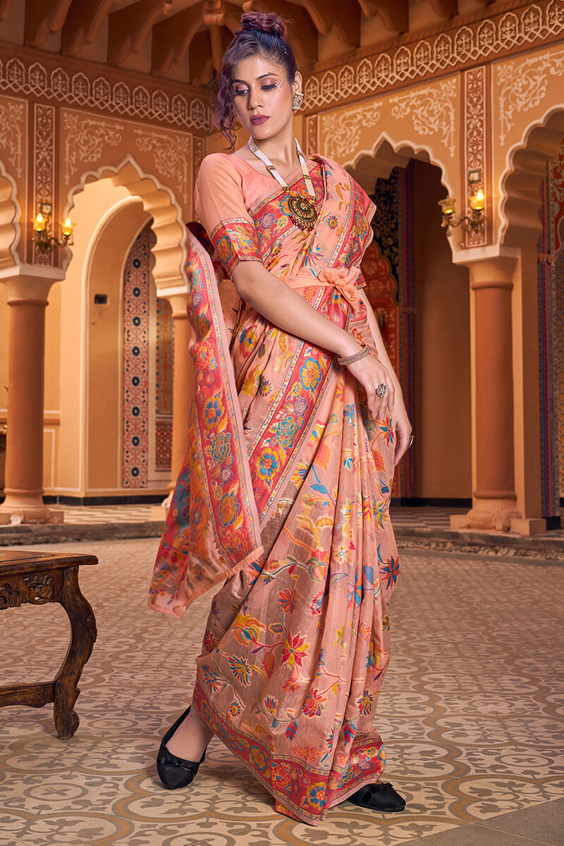 Refreshing Peach Linen Silk Saree With Groovy Blouse Piece - Image 7