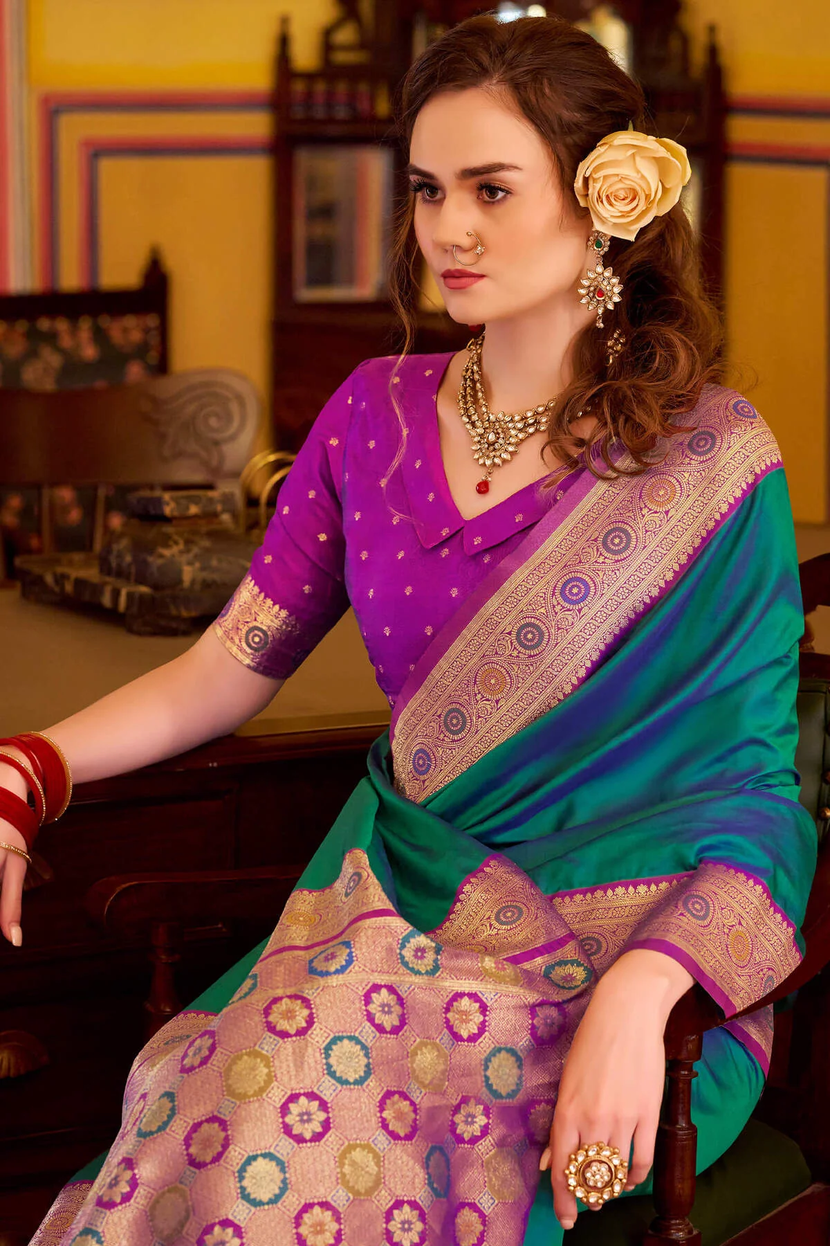 Refreshing Rama Pure Zari Weaving Banarasi Silk Saree With Lassitude Blouse Piece - Image 4
