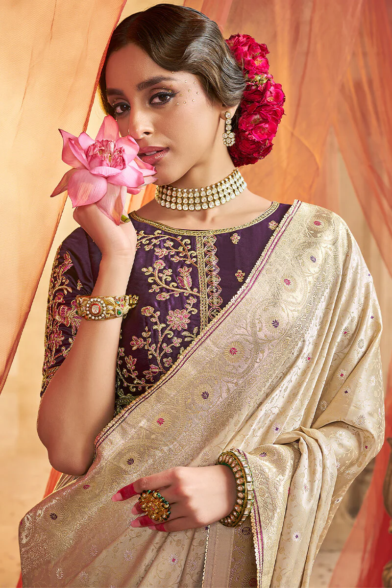 Resonant Beige Banarasi Satin Silk Saree With Winsome Blouse - Image 2