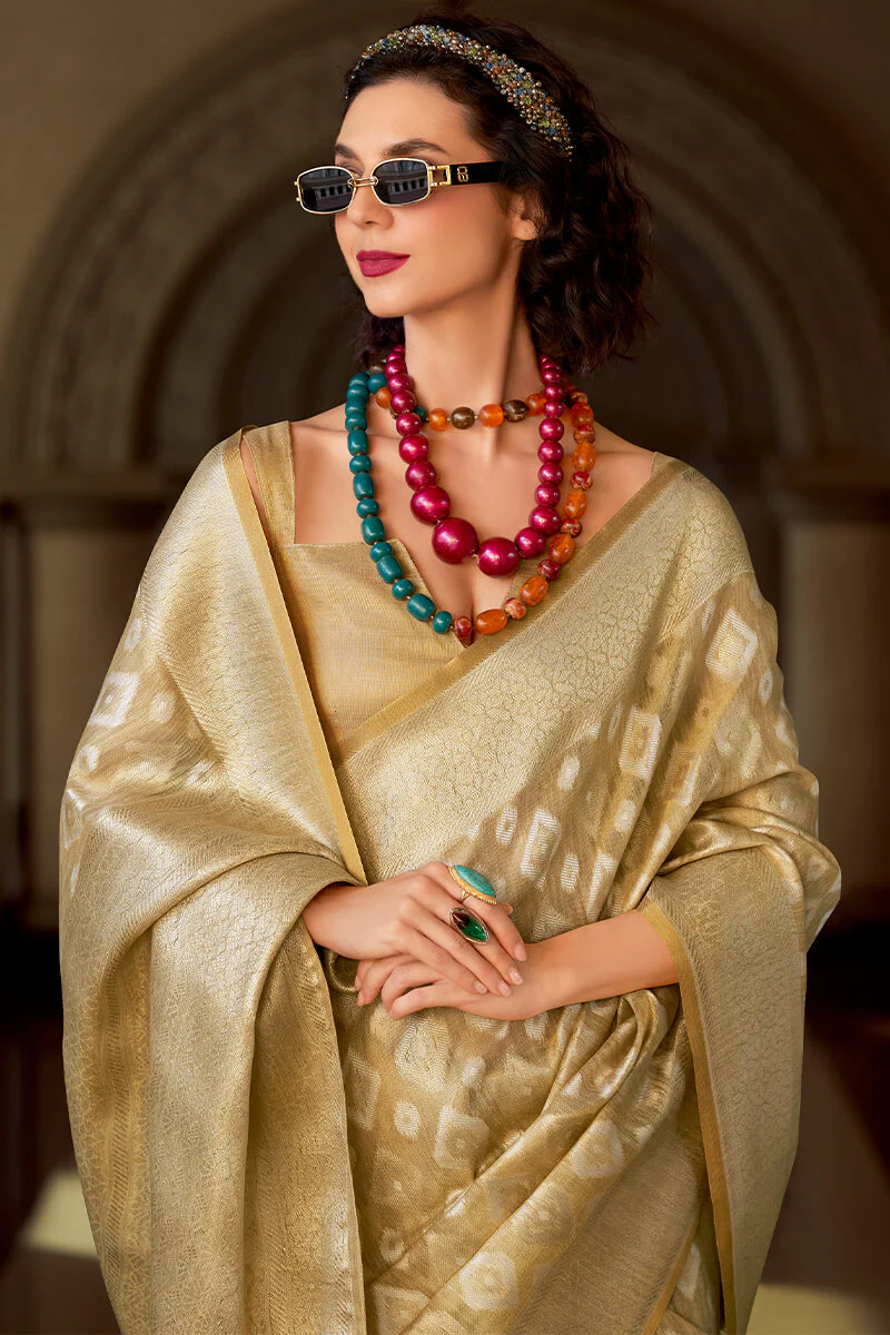 Resonant Beige Soft Banarasi Tissue Silk Saree With Imaginative Blouse Piece - Image 4