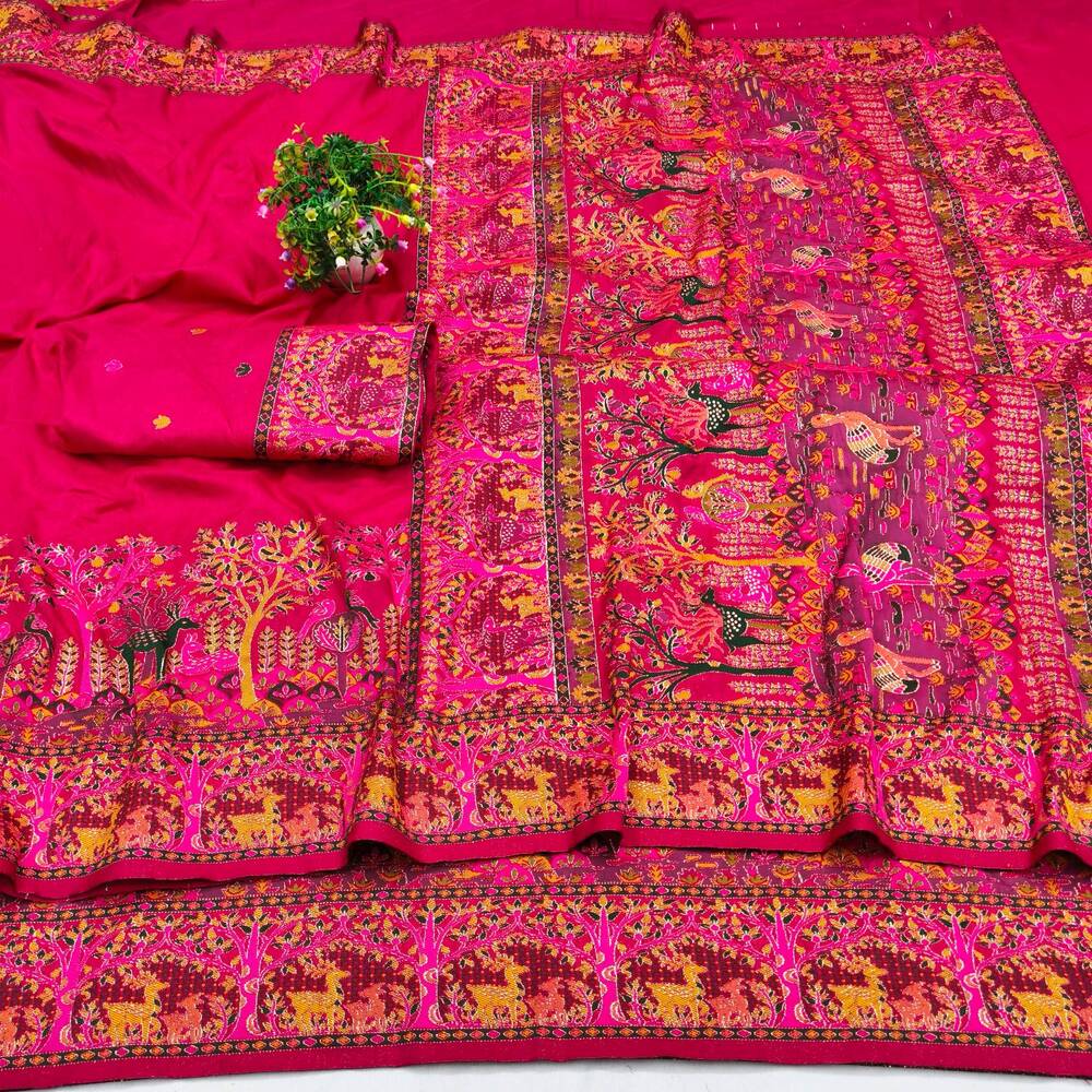 Resonant Dark Pink Nylon Dola Pashmina Saree With Profuse Blouse Piece - Image 4
