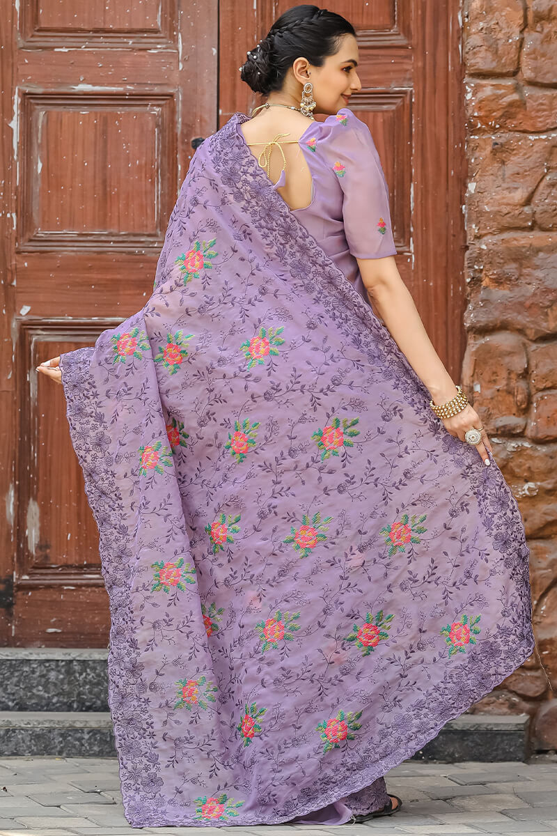 Resonant Lavender Embroidery Work Chiffon Silk Saree With Mellifluous Blouse Piece - Image 4