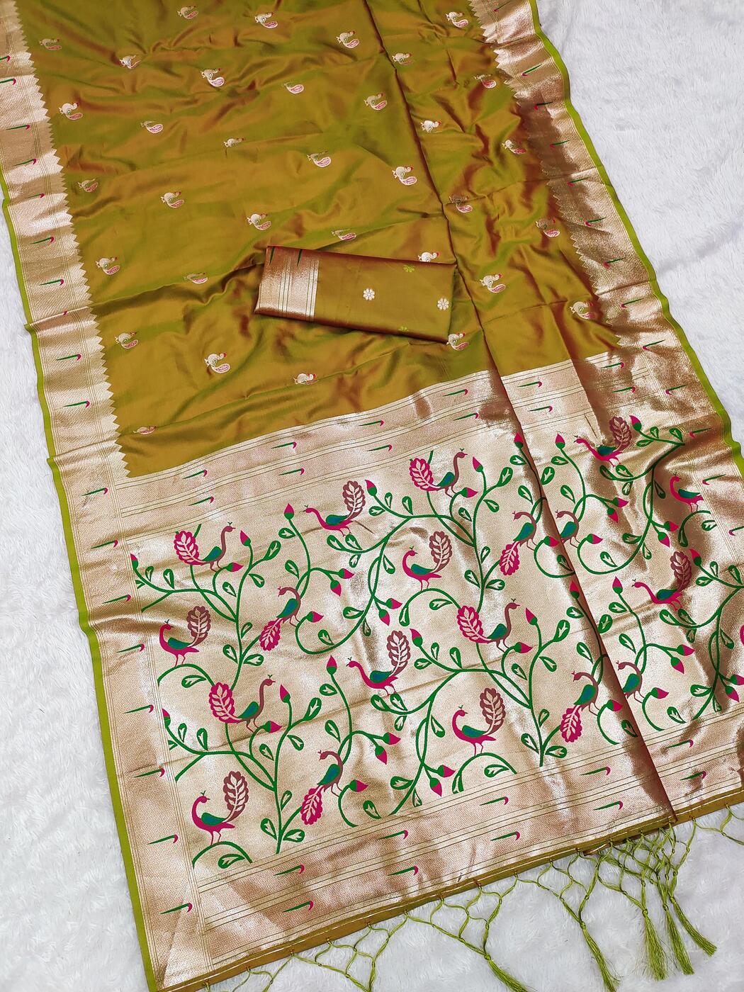 Resonant Mustard Paithani Silk Saree With Mesmeric Blouse Piece