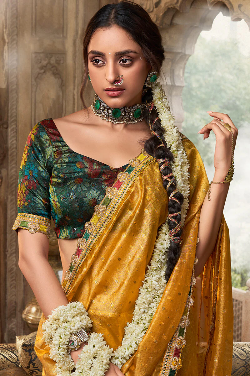 Resonant Mustard Pure Tissue Banarasi Silk Saree With Vivacious Blouse Piece - Image 2