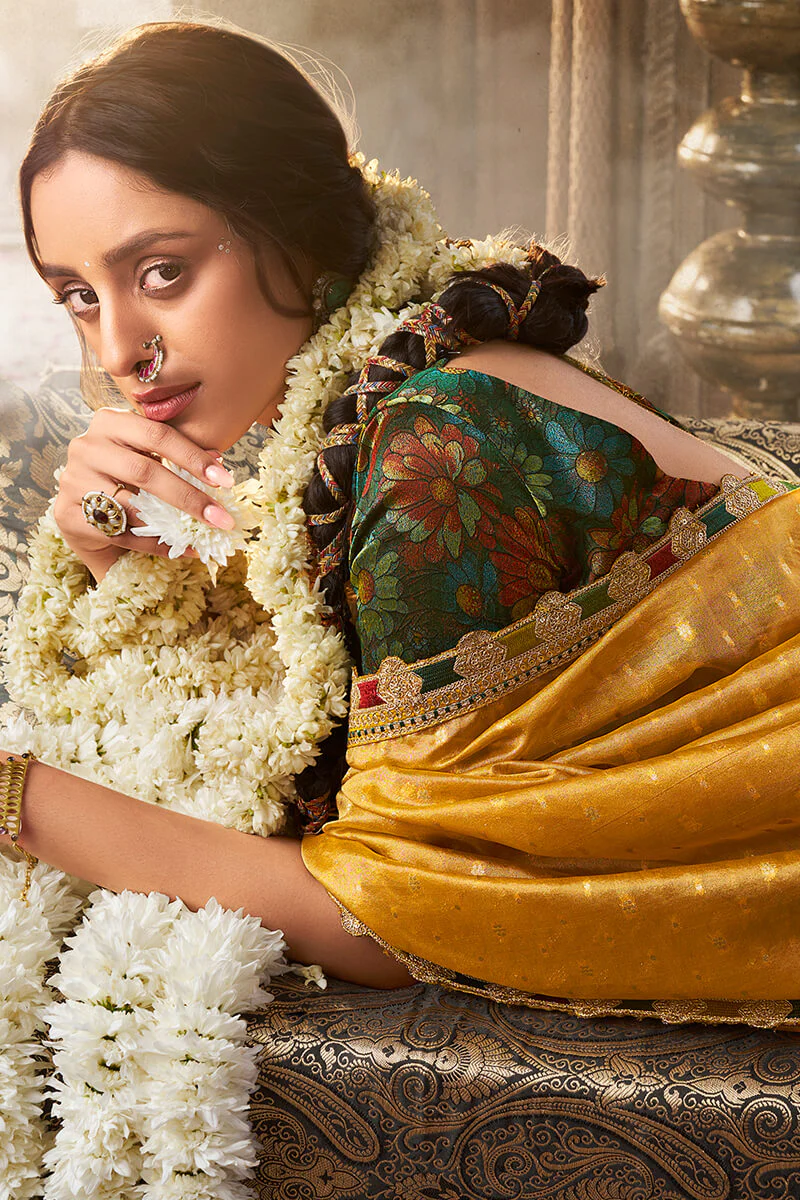 Resonant Mustard Pure Tissue Banarasi Silk Saree With Vivacious Blouse Piece - Image 3