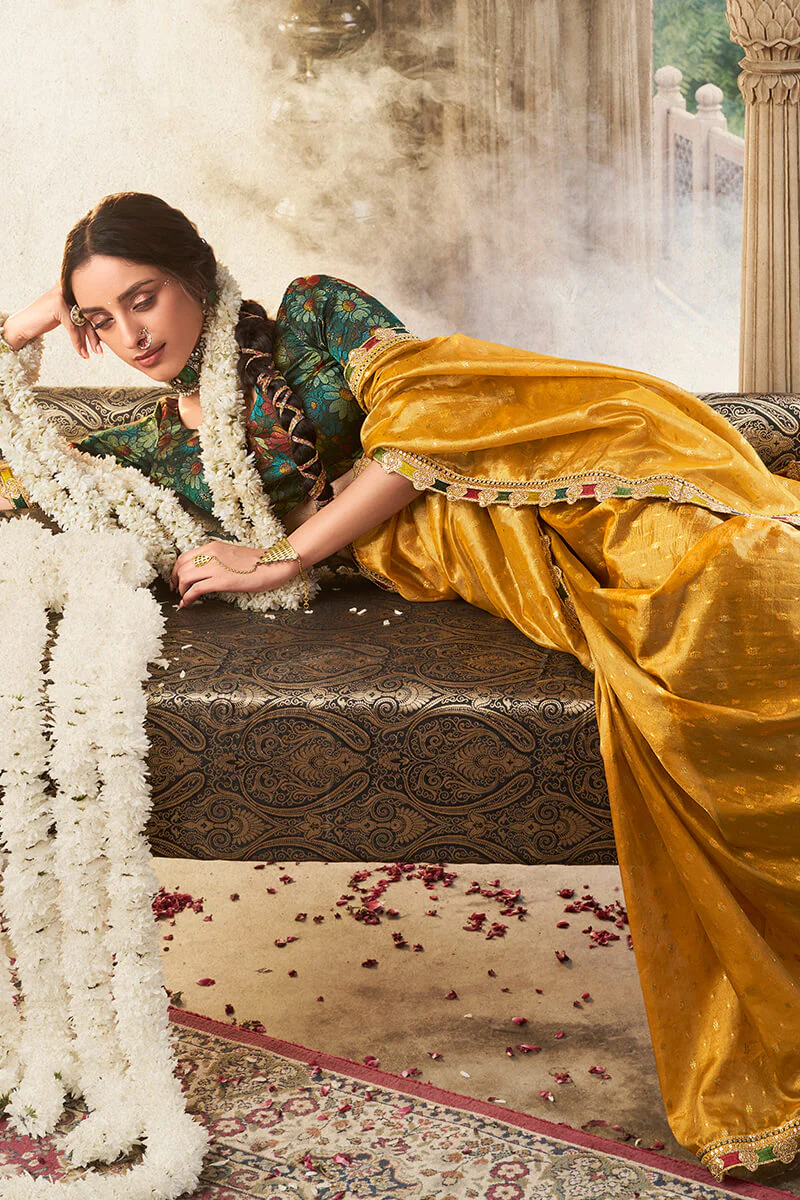 Resonant Mustard Pure Tissue Banarasi Silk Saree With Vivacious Blouse Piece - Image 4