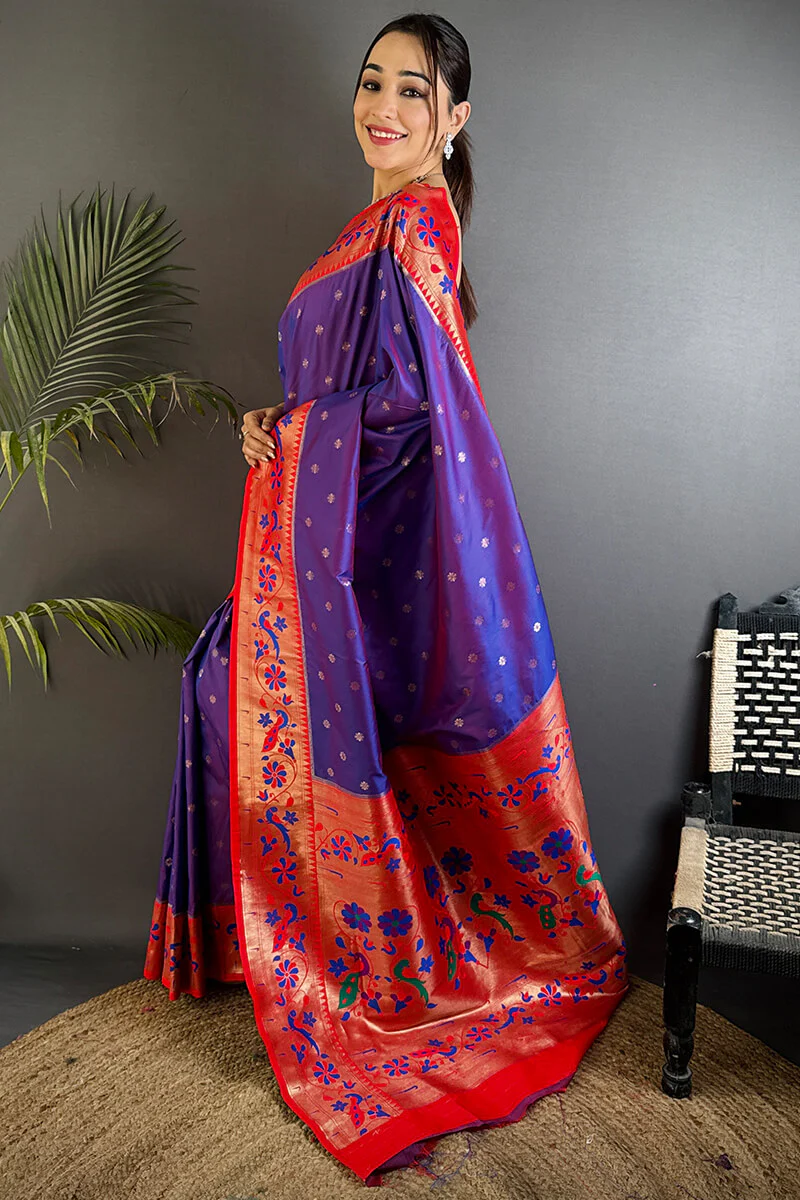 Resonant Royal Purple Paithani Silk Saree With Evanescent Blouse Piece - Image 3