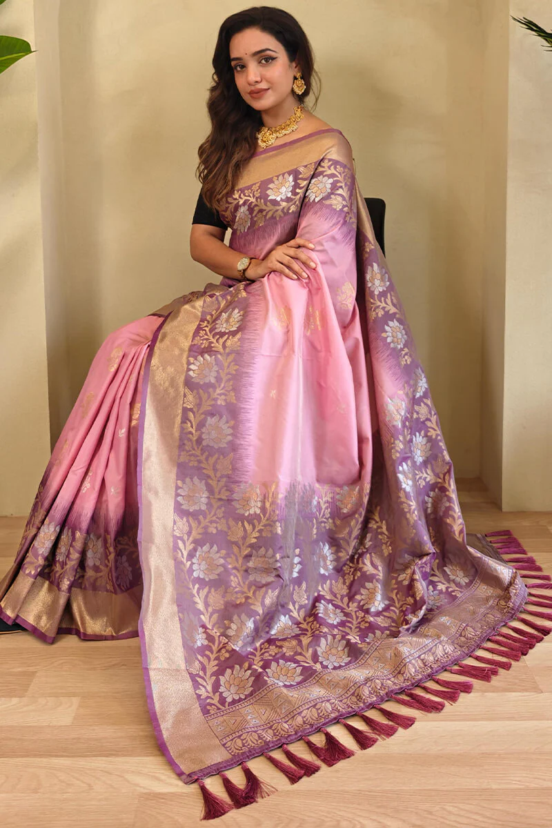 Resplendent Baby Pink Soft Banarasi Silk Saree With Magnificat Blouse Piece - Image 2