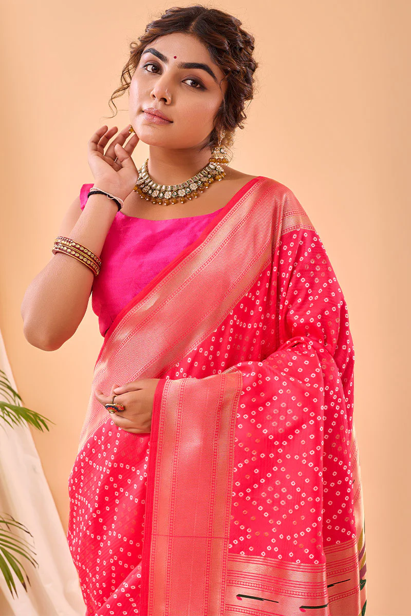 Resplendent Dark Pink Paithani Silk Saree With Innovative Blouse Piece - Image 4