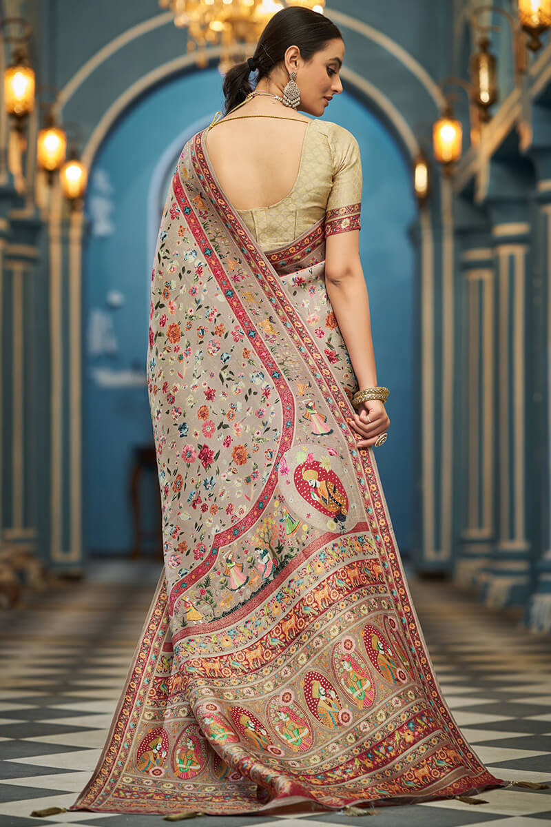 Resplendent Grey Pashmina Saree With Enigmatic Blouse Piece - Image 6