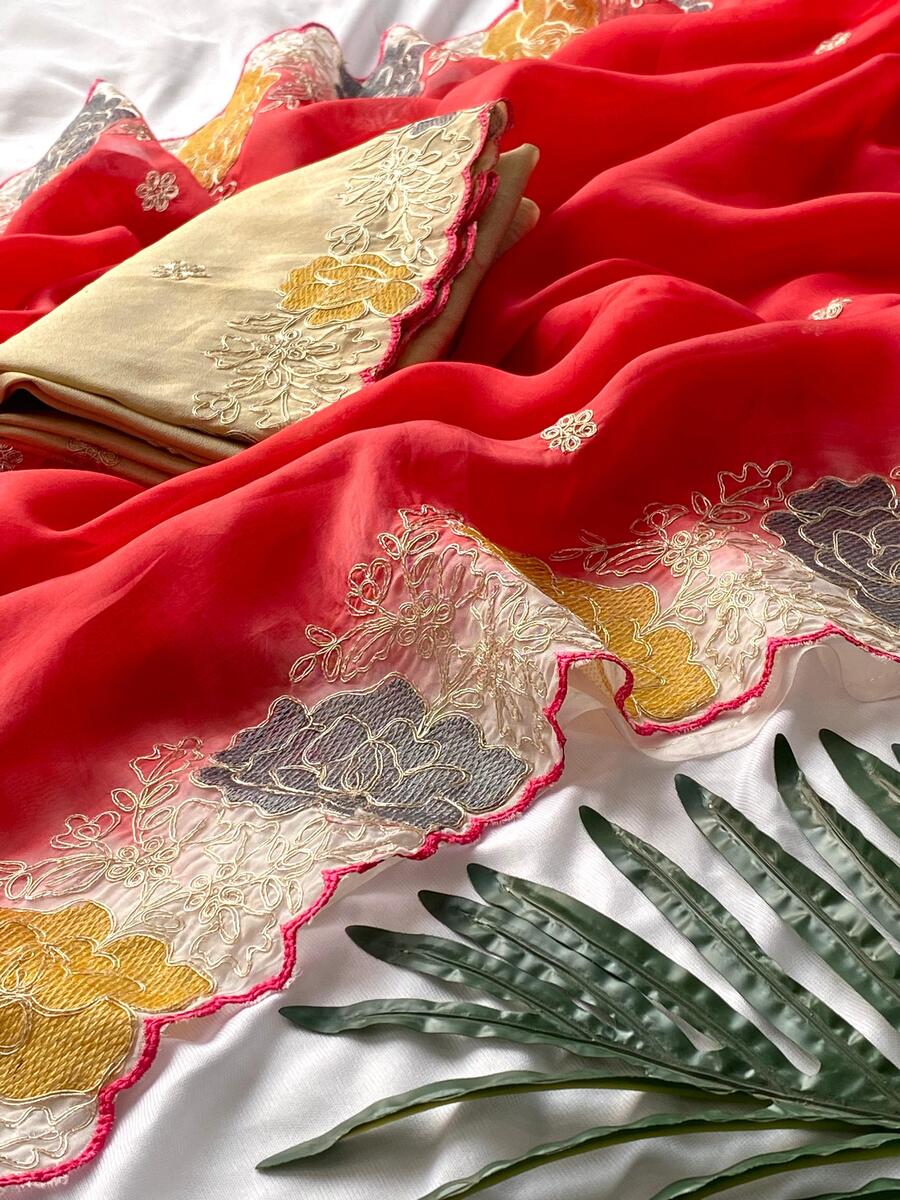 Resplendent Red Embroidery Work Organza Silk Saree With Susurrous Blouse Piece - Image 3