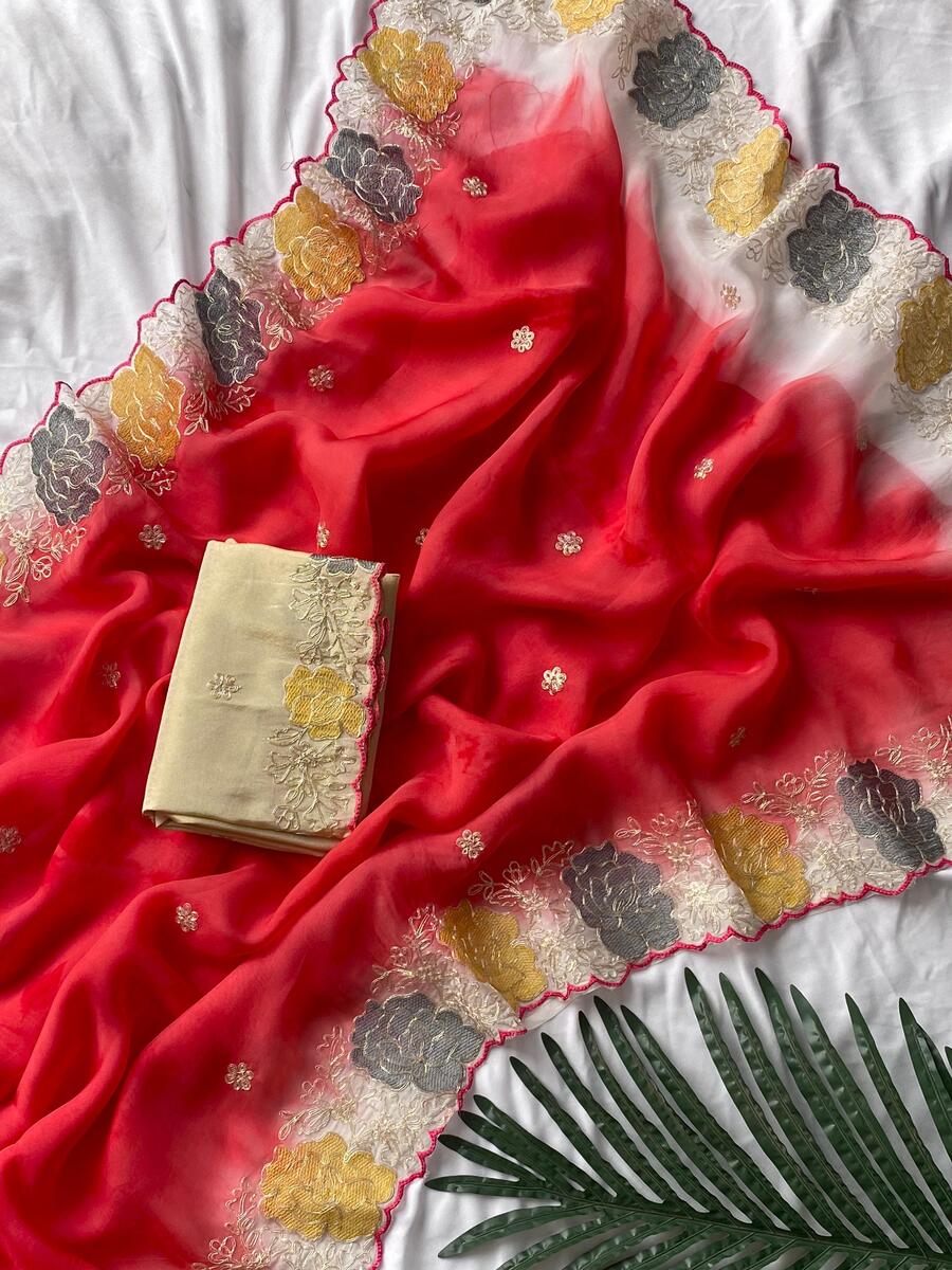 Resplendent Red Embroidery Work Organza Silk Saree With Susurrous Blouse Piece - Image 4