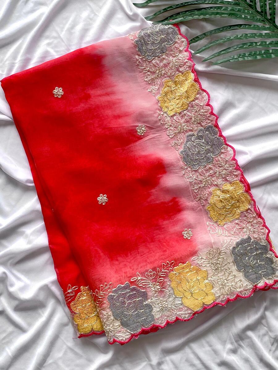 Resplendent Red Embroidery Work Organza Silk Saree With Susurrous Blouse Piece - Image 5