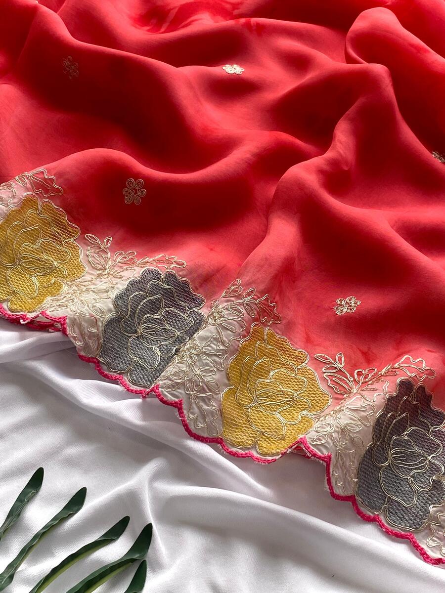 Resplendent Red Embroidery Work Organza Silk Saree With Susurrous Blouse Piece - Image 6
