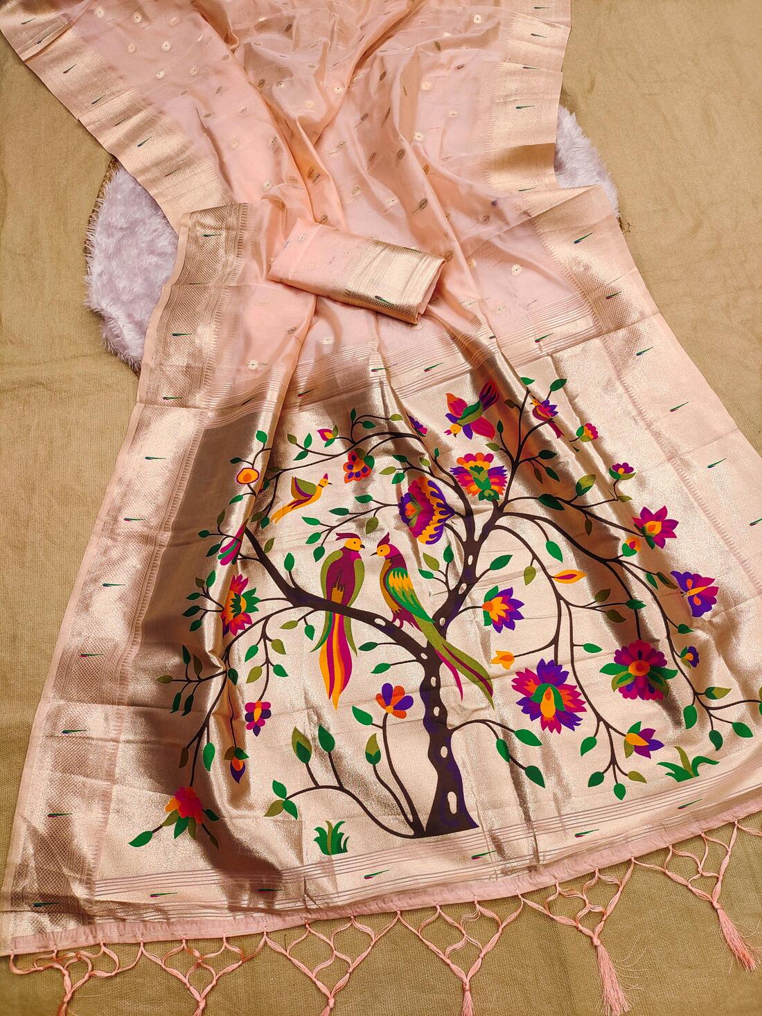 Rhapsodic Baby Pink Paithani Silk Saree With Assemblage Blouse Piece - Image 2