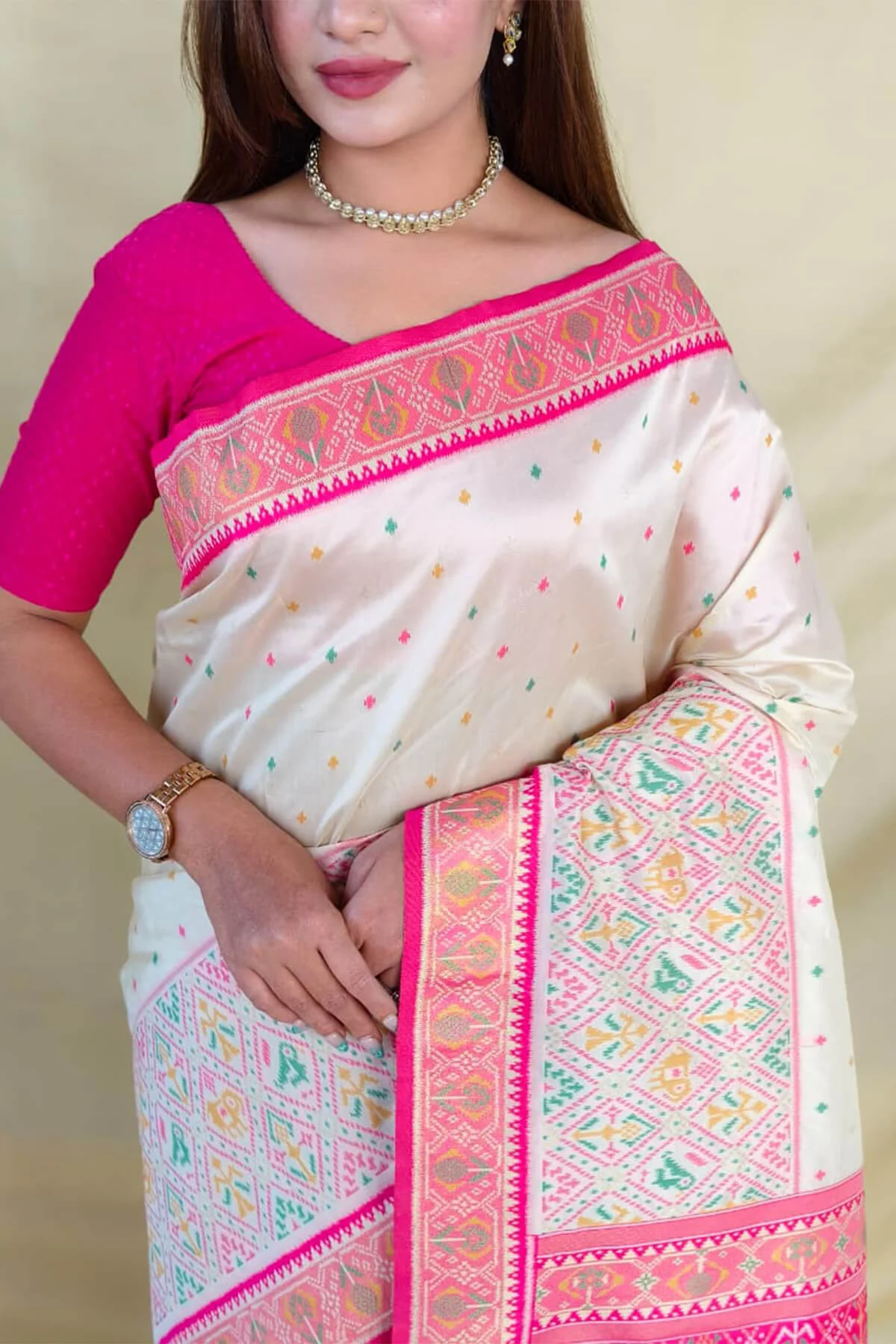 Rhapsodic Beige Pure Zari Weaving Banarasi Silk Saree With Assemblage Blouse Piece - Image 2